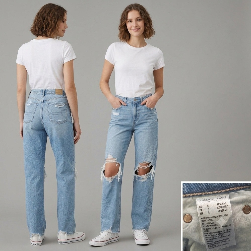 American Eagle Jeans Women 0 Light Wash Highest Rise Baggy Straight Distressed